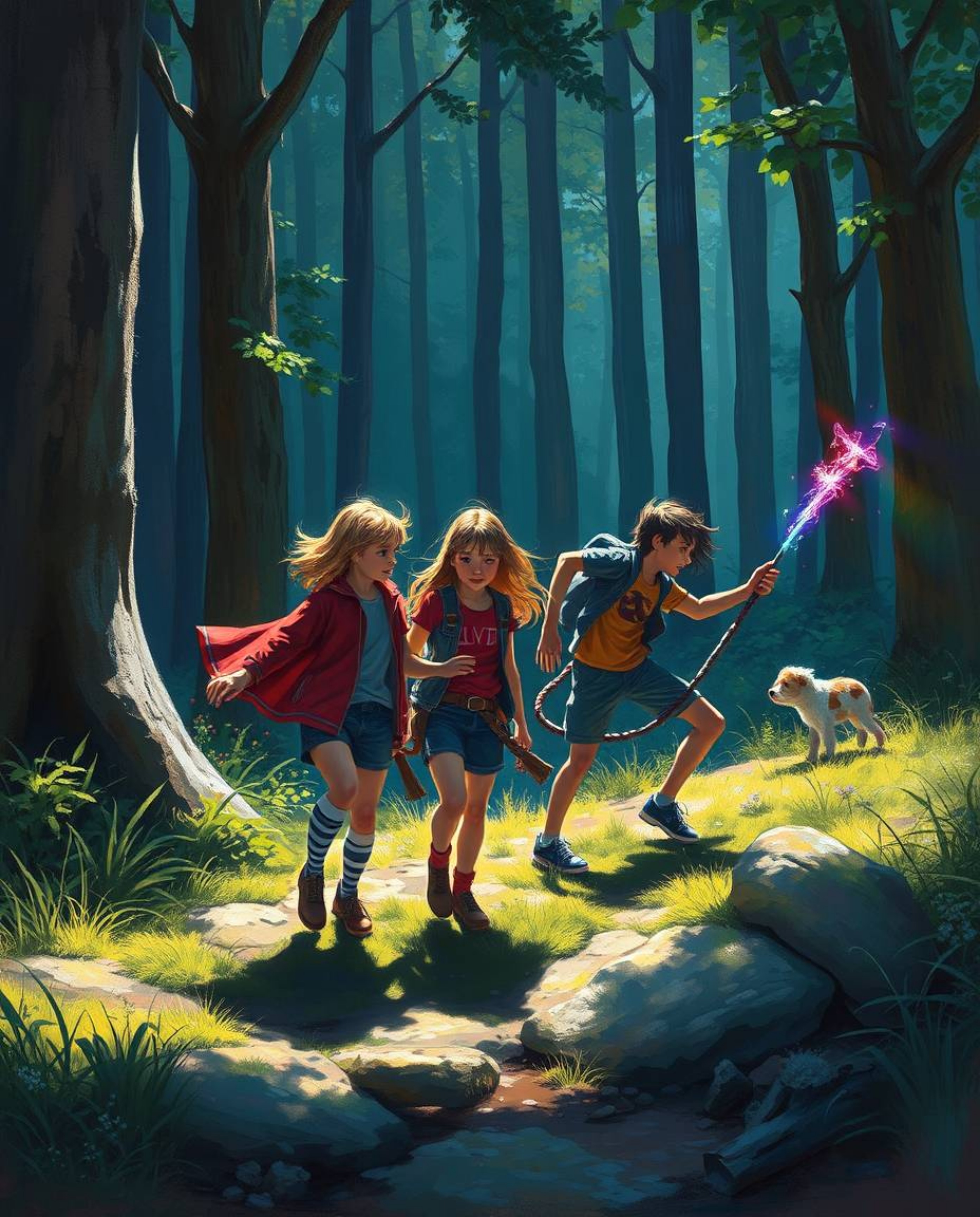 A captivating digital painting depicts a group of friends, each possessing unique powers, venturing through a vibrant forest.