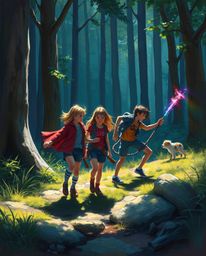 A captivating digital painting depicts a group of friends, each possessing unique powers, venturing through a vibrant forest.