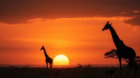 Experience the serene beauty of an African savanna sunset with this graceful image. Silhouetted giraffes stand elegantly agai