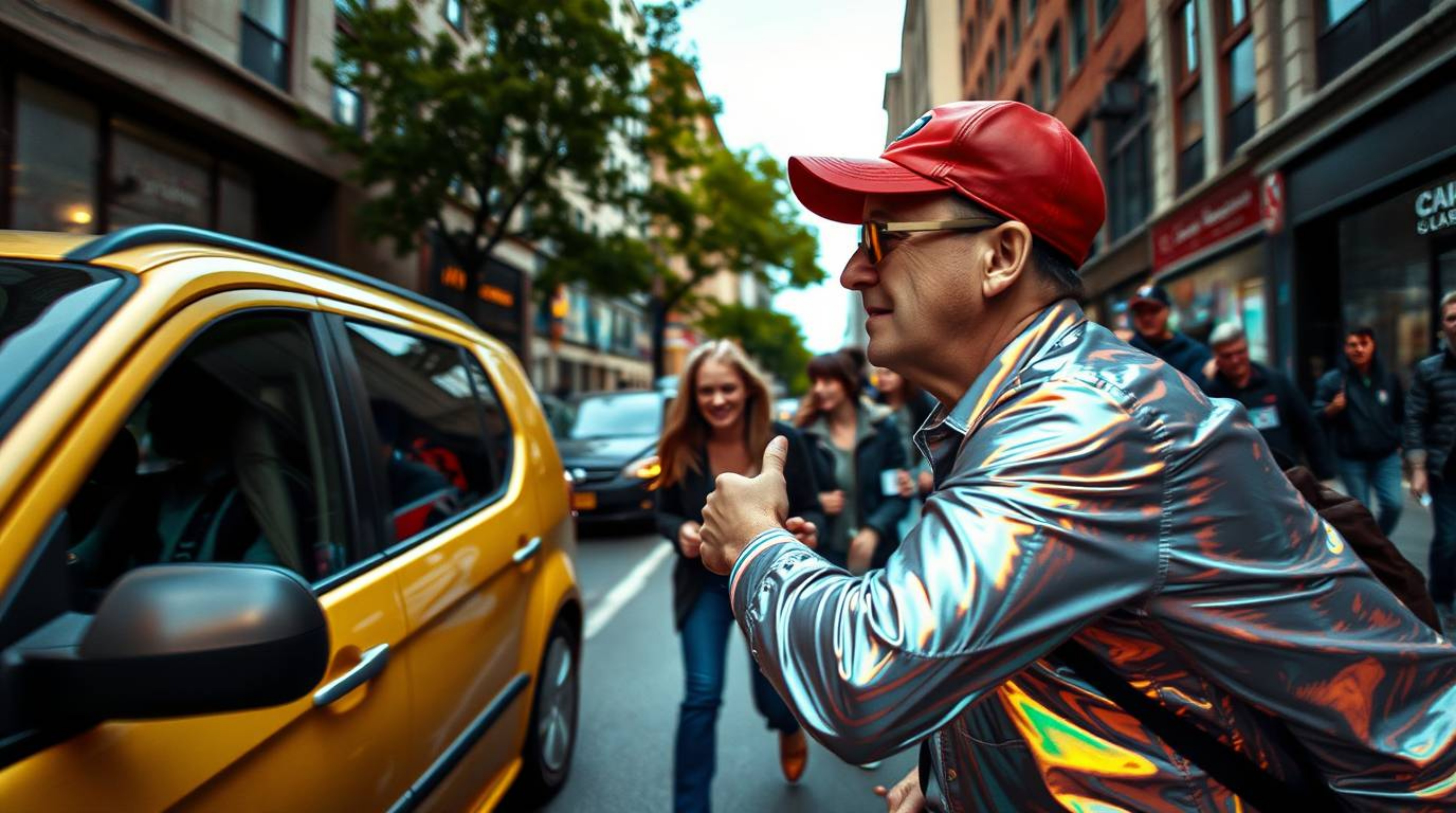 This captivating street photograph freezes a dynamic chase scene in time, employing exaggerated squash and stretch techniques
