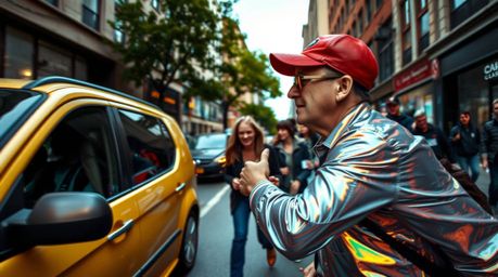 This captivating street photograph freezes a dynamic chase scene in time, employing exaggerated squash and stretch techniques