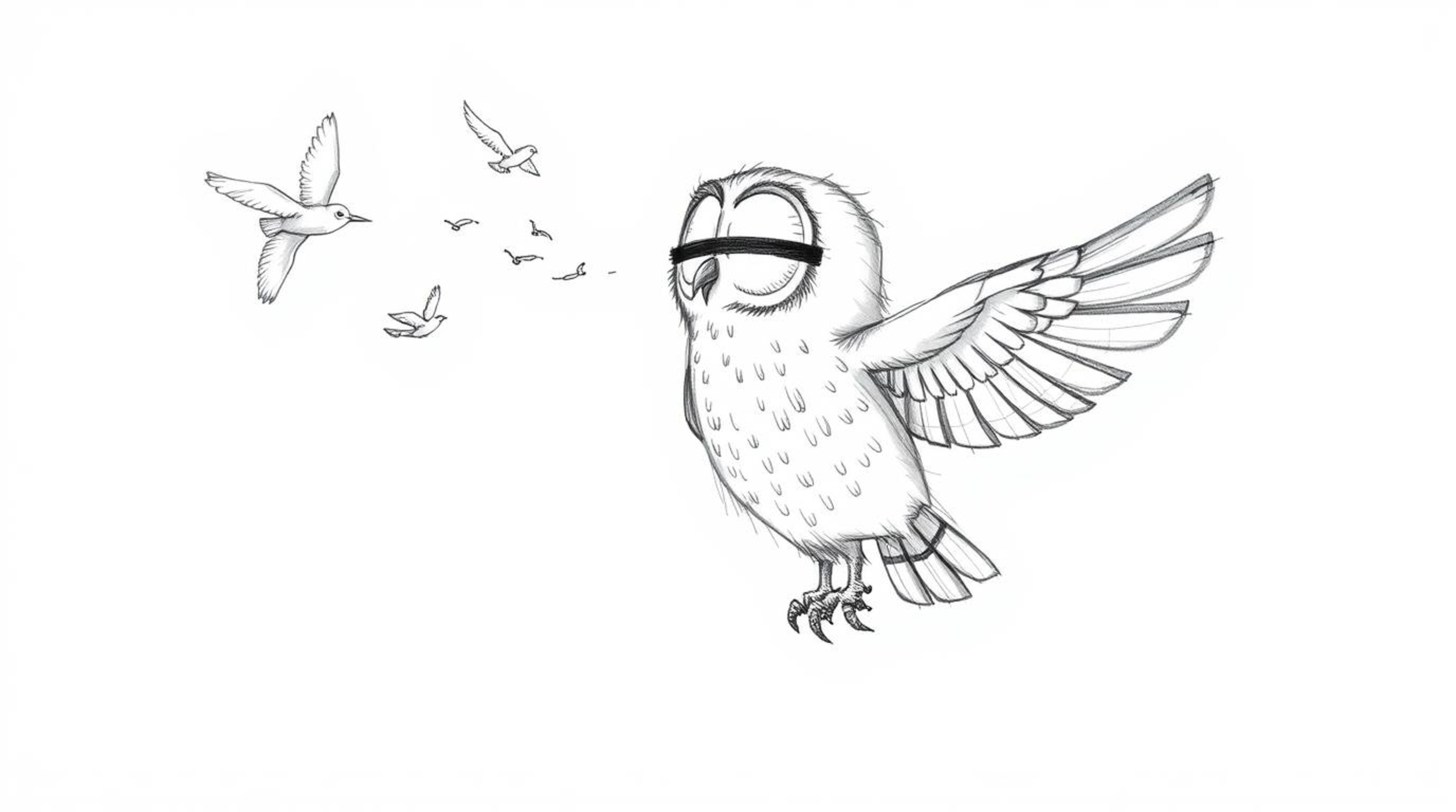 A heartwarming hand-drawn sketch in the Pixar style depicts a blind owl, its soft feathers gently ruffling, patiently teachin