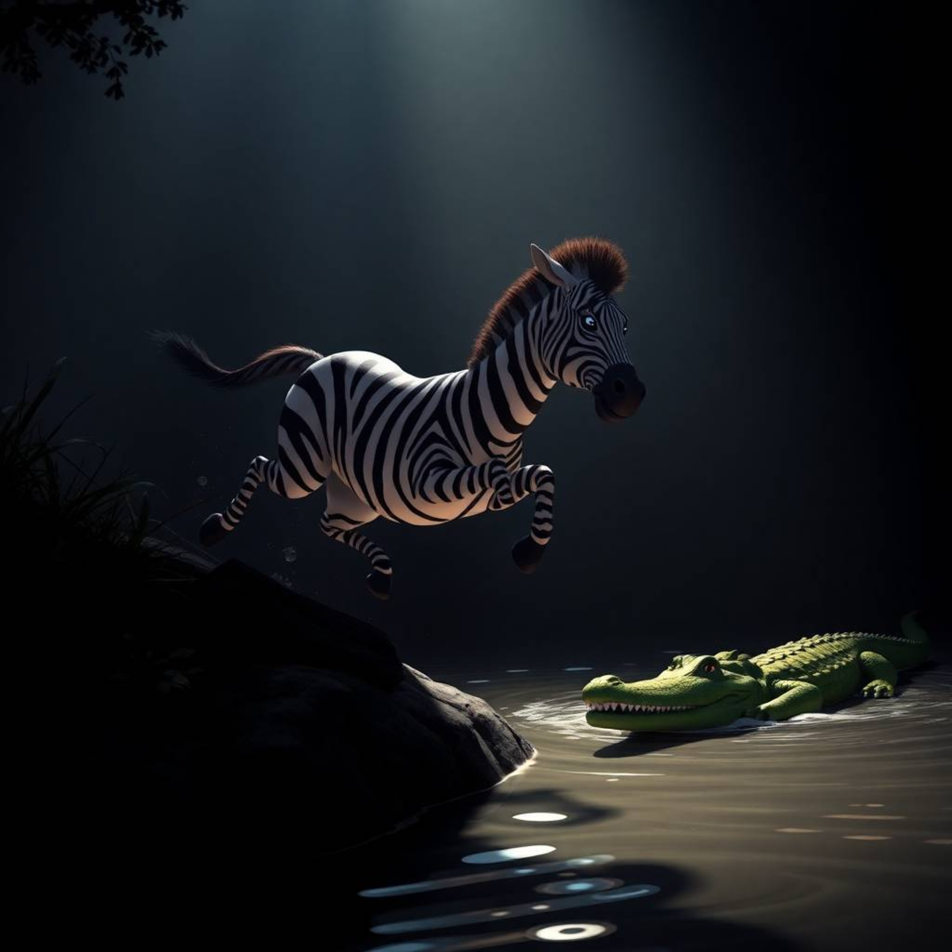 Experience a thrilling 3D cartoon illustration featuring a zebra in a daring escape. Bathed in dramatic chiaroscuro lighting 