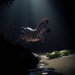 Experience a thrilling 3D cartoon illustration featuring a zebra in a daring escape. Bathed in dramatic chiaroscuro lighting 