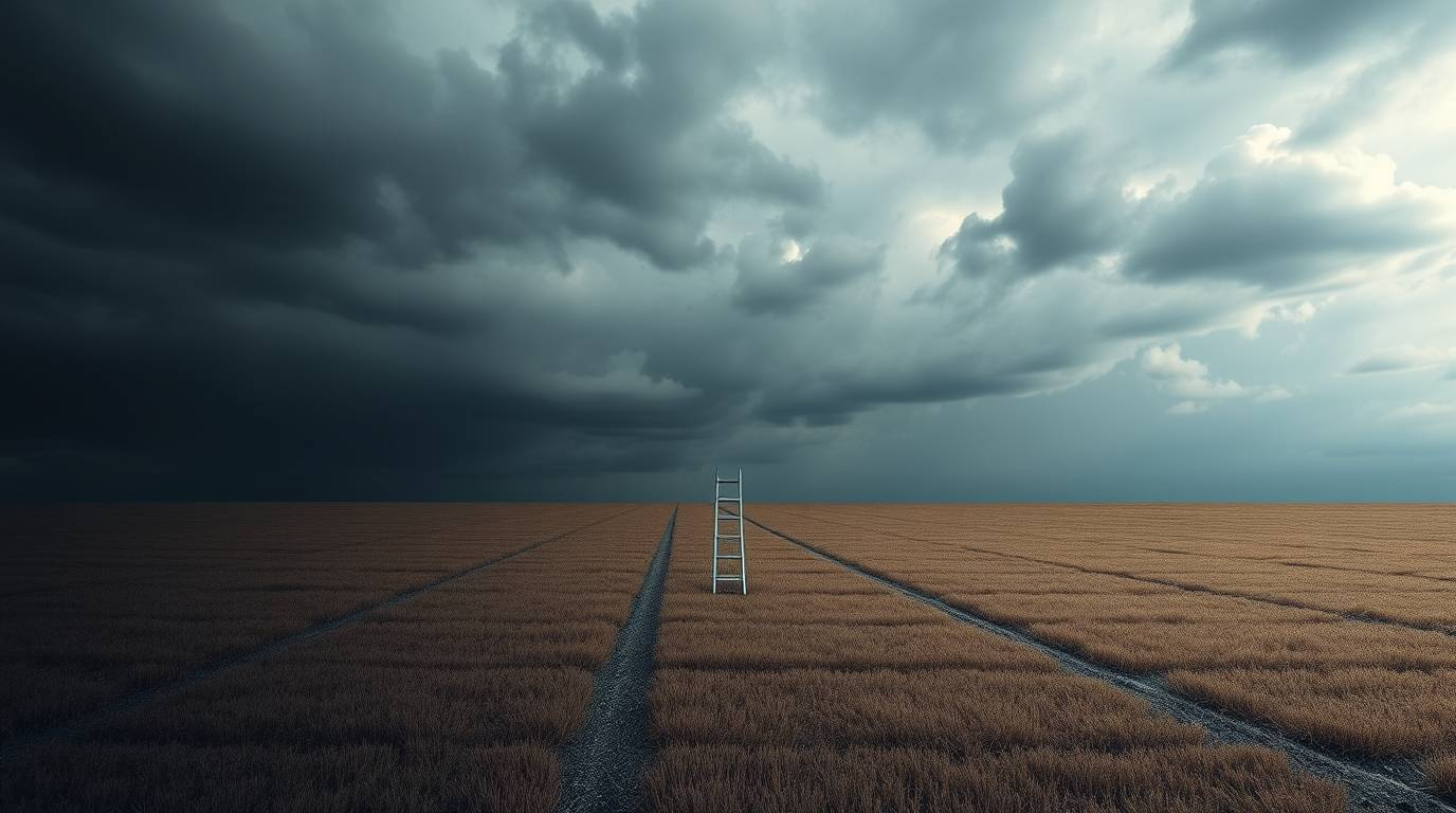 This minimalist scene captures a silver ladder standing alone in a wide open field beneath a dramatic cloudy sky.  The chiaro