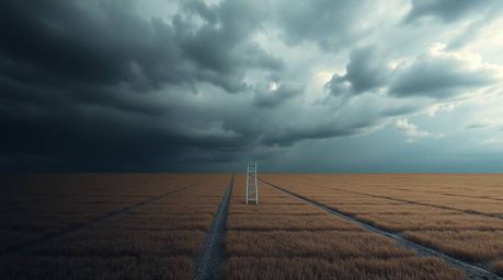 This minimalist scene captures a silver ladder standing alone in a wide open field beneath a dramatic cloudy sky.  The chiaro