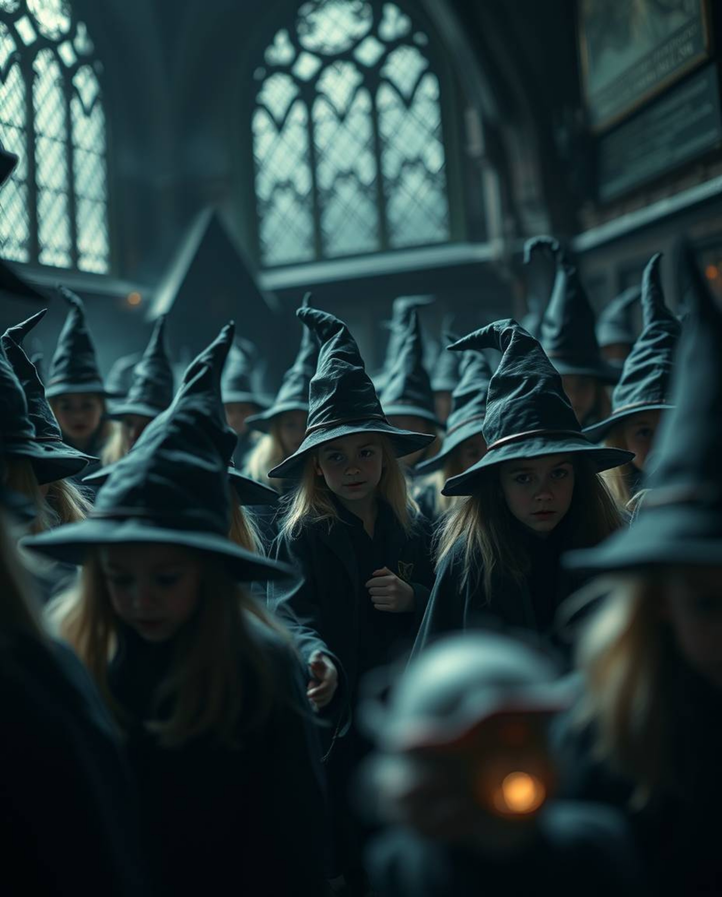 Experience an intense, extreme macro close-up of a magical school teeming with young wizards. Rendered in dramatic jet black,