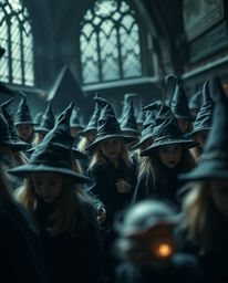 Experience an intense, extreme macro close-up of a magical school teeming with young wizards. Rendered in dramatic jet black,