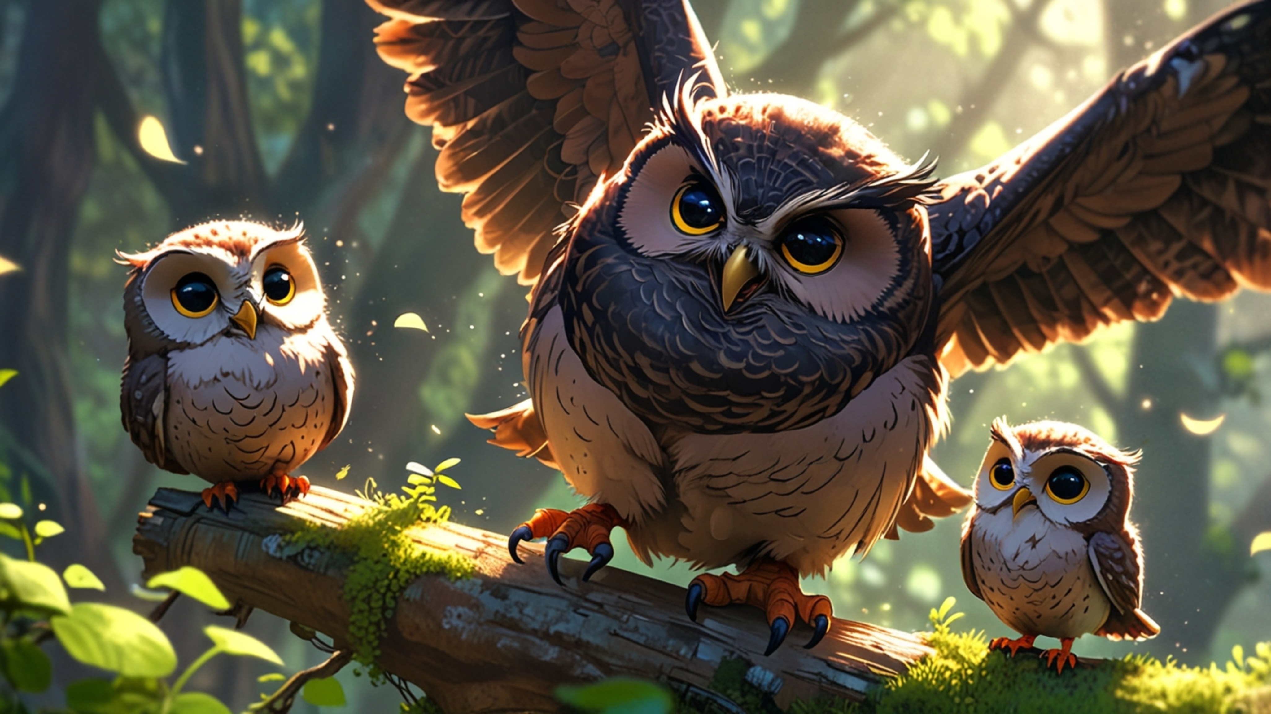 In a heartwarming and beautifully rendered scene, combining Pixar's charm with an anime aesthetic, a wise blind owl mentor is