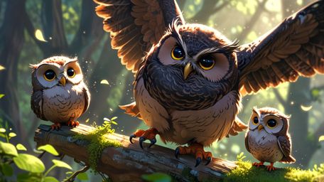 In a heartwarming and beautifully rendered scene, combining Pixar's charm with an anime aesthetic, a wise blind owl mentor is