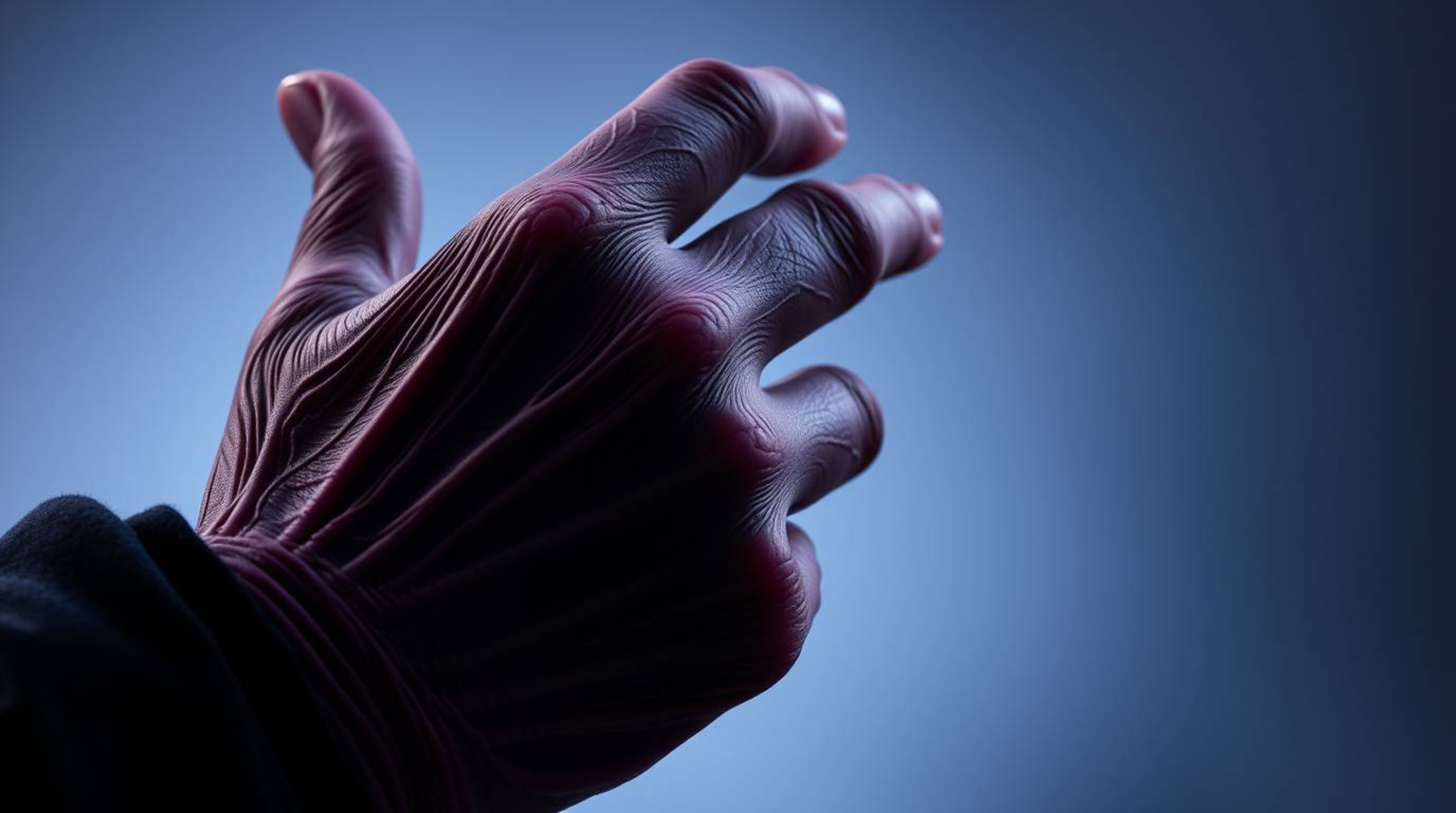 An extreme macro close-up reveals the wrinkled hand of a classic Disney villain casting a spell. The image showcases a seaml