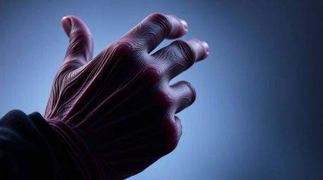 An extreme macro close-up reveals the wrinkled hand of a classic Disney villain casting a spell. The image showcases a seaml