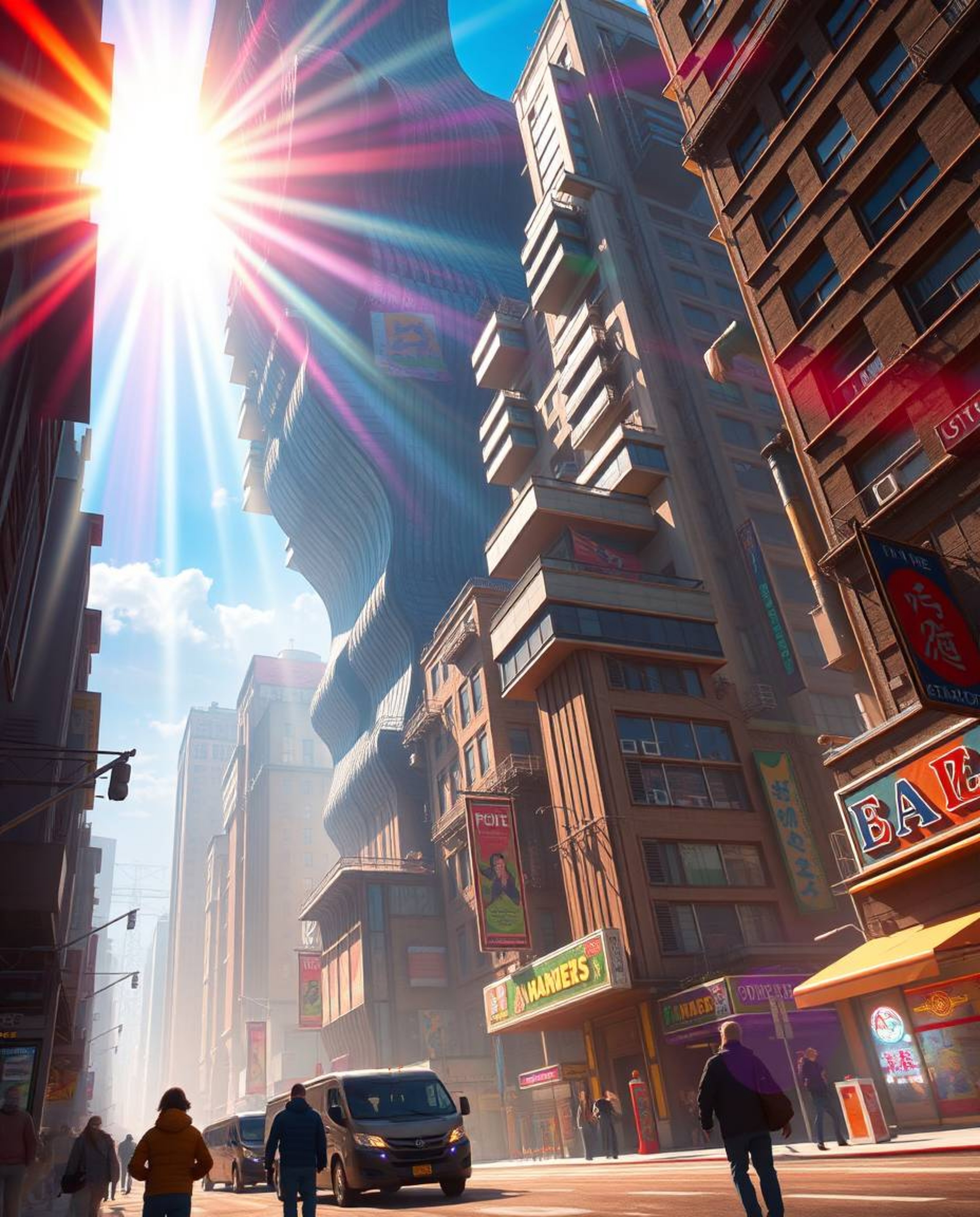 Experience an epic surreal street scene bursting with vibrant colors and heroic elements. Buildings fold and twist in impossi