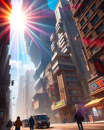 Experience an epic surreal street scene bursting with vibrant colors and heroic elements. Buildings fold and twist in impossi