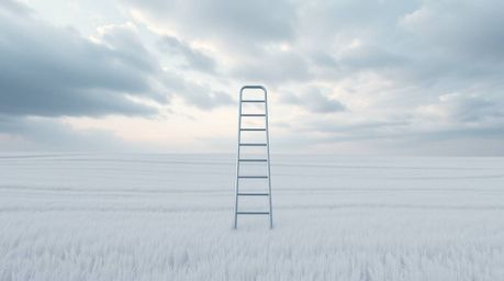 A captivating minimalist scene depicts a silver ladder ascending into a wide, cloudy sky, evoking a surreal and otherworldly 