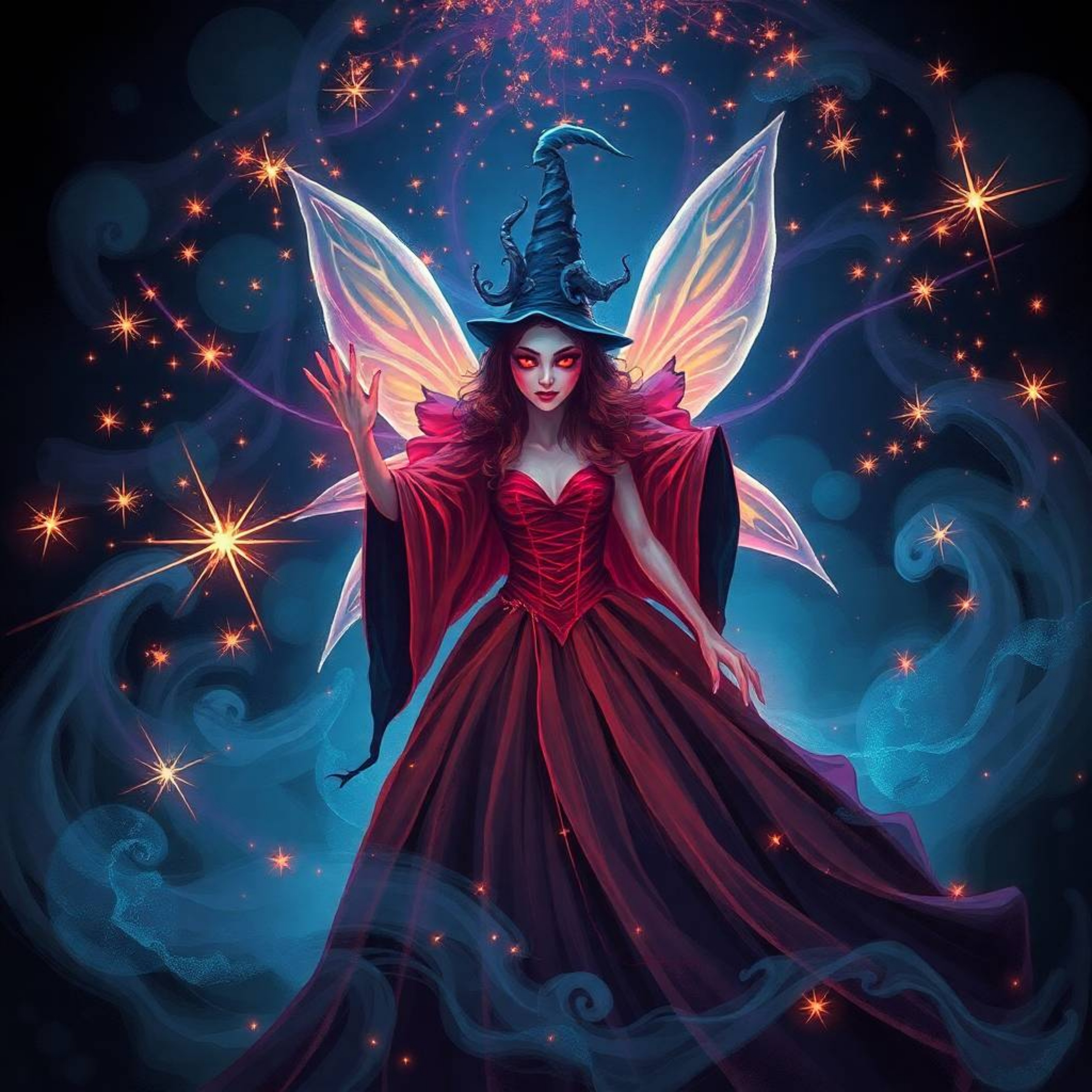 An unsettling and eerie illustration of a fairy godmother appearing within a swirl of sparkles, rendered in dark tones and el