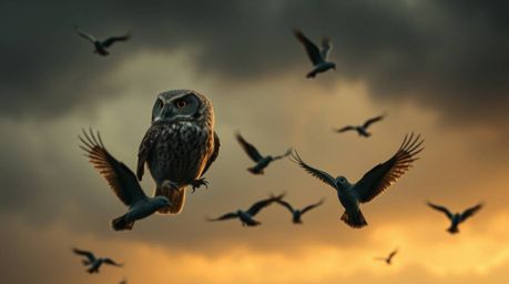 A captivating fine art photograph showcases a Pixar-style blind owl, bathed in warm, slightly dark tones, amidst a dramatic s