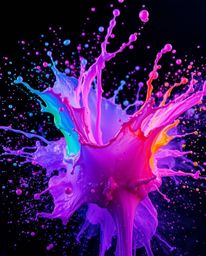 This striking image captures a colorful paint splash frozen in mid-air with high-speed photography. The artwork is rendered i