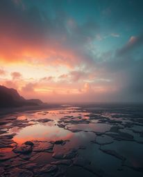 An epic modern scene captures a sunset sky mirrored in tidal pools on a beach. A soft cinematic haze and soft focus lend a dr