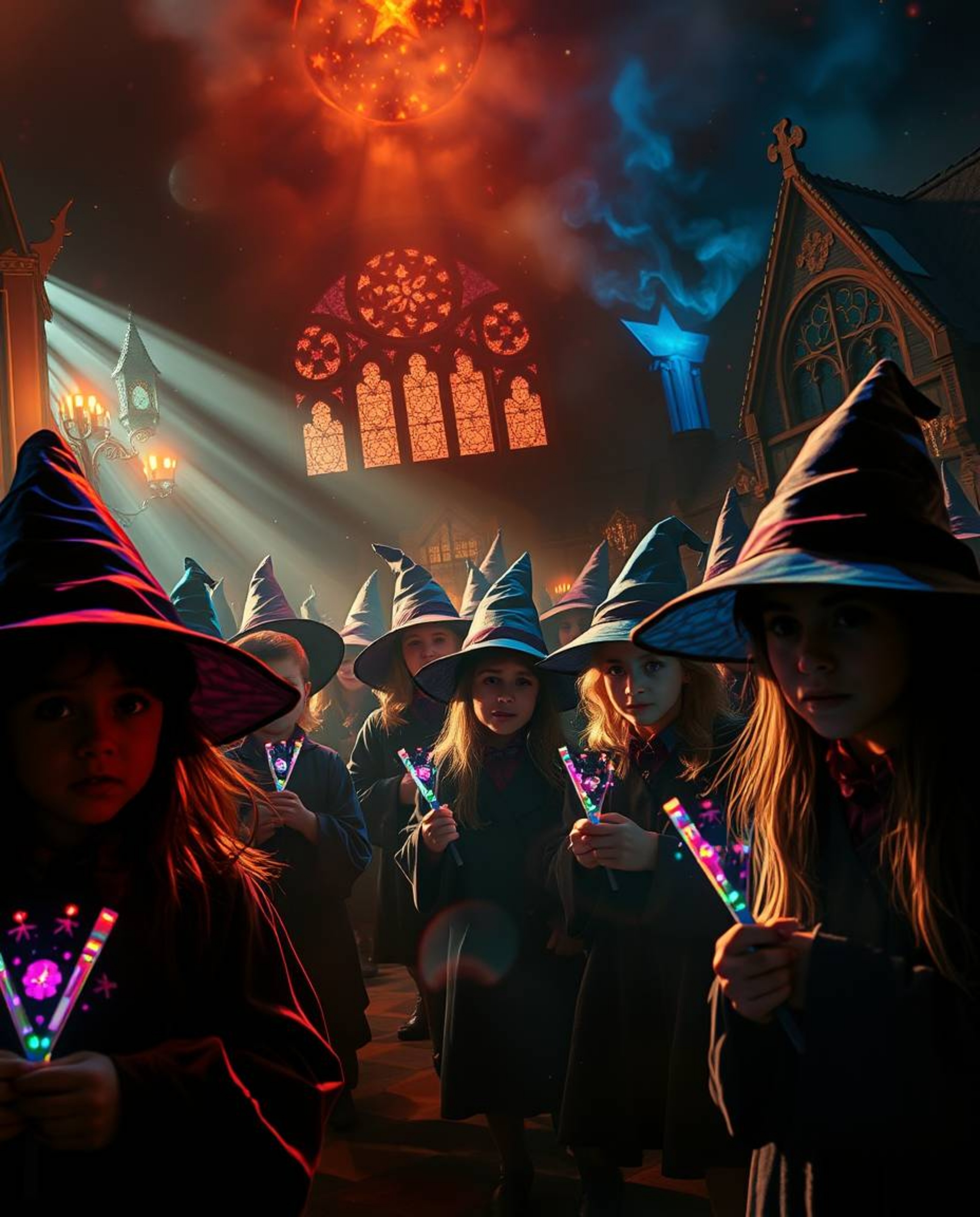 Explore a magical school teeming with young wizards, brought to life with intense dramatic lighting that showcases high contr