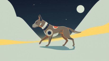 A modern, flat design showcasing a futuristic dog confidently walking itself through the vastness of space. The artwork emplo