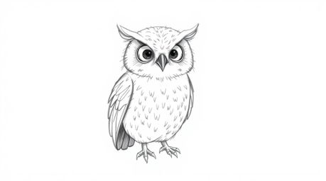 A heartwarming hand-drawn pencil sketch in the style of Pixar depicts a blind owl with intricately detailed feathers and a ge