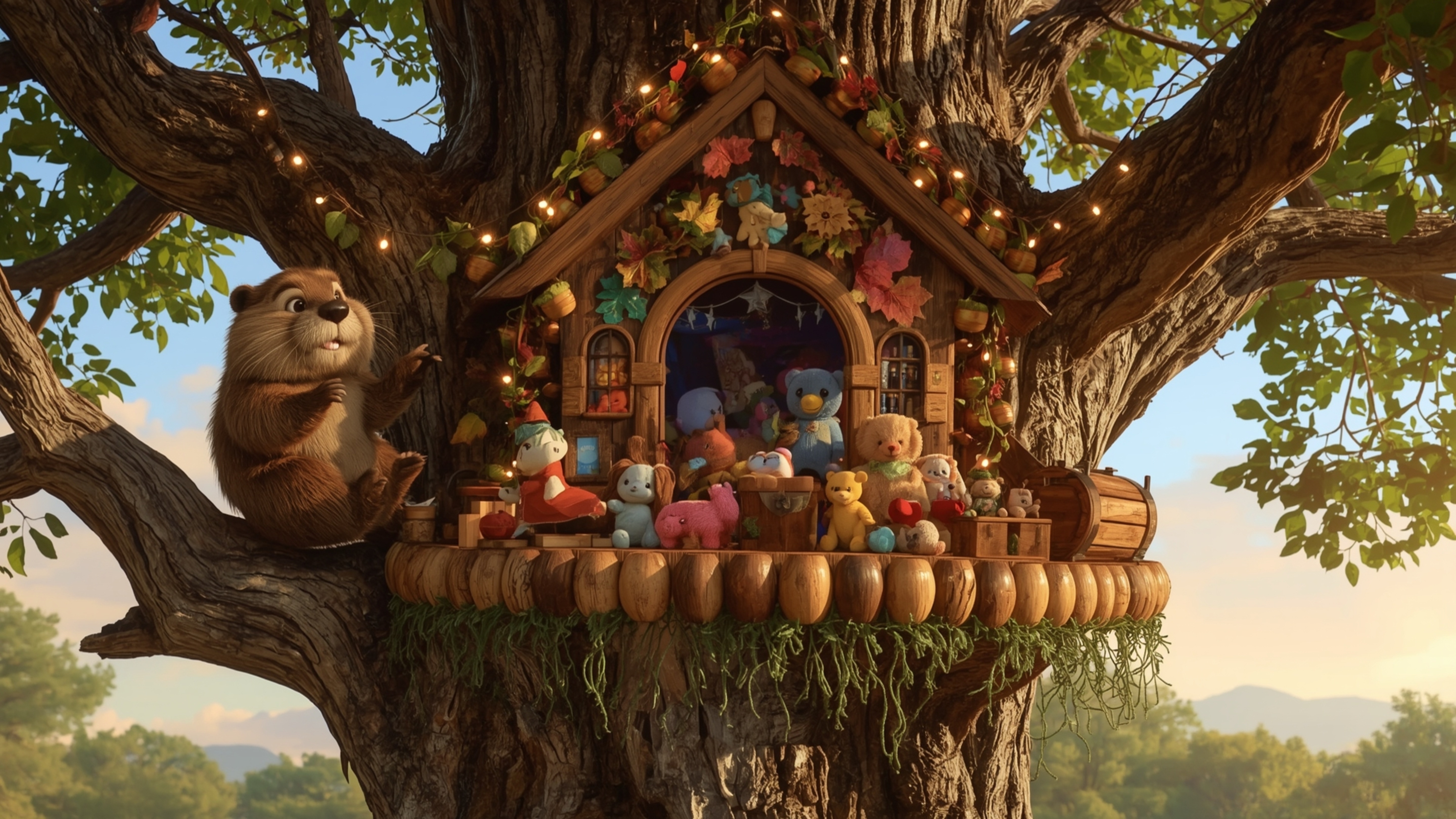 A highly detailed, high-resolution stock photo, reminiscent of Pixar characters, shows a friendly beaver constructing an intr