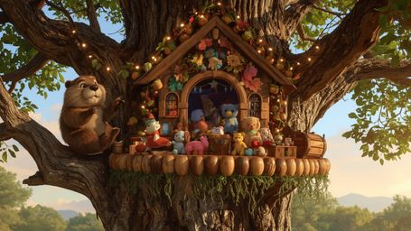 A highly detailed, high-resolution stock photo, reminiscent of Pixar characters, shows a friendly beaver constructing an intr