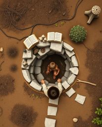 An overhead view captures a child's enchanting moment as they stumble upon a magical portal hidden within their backyard. The