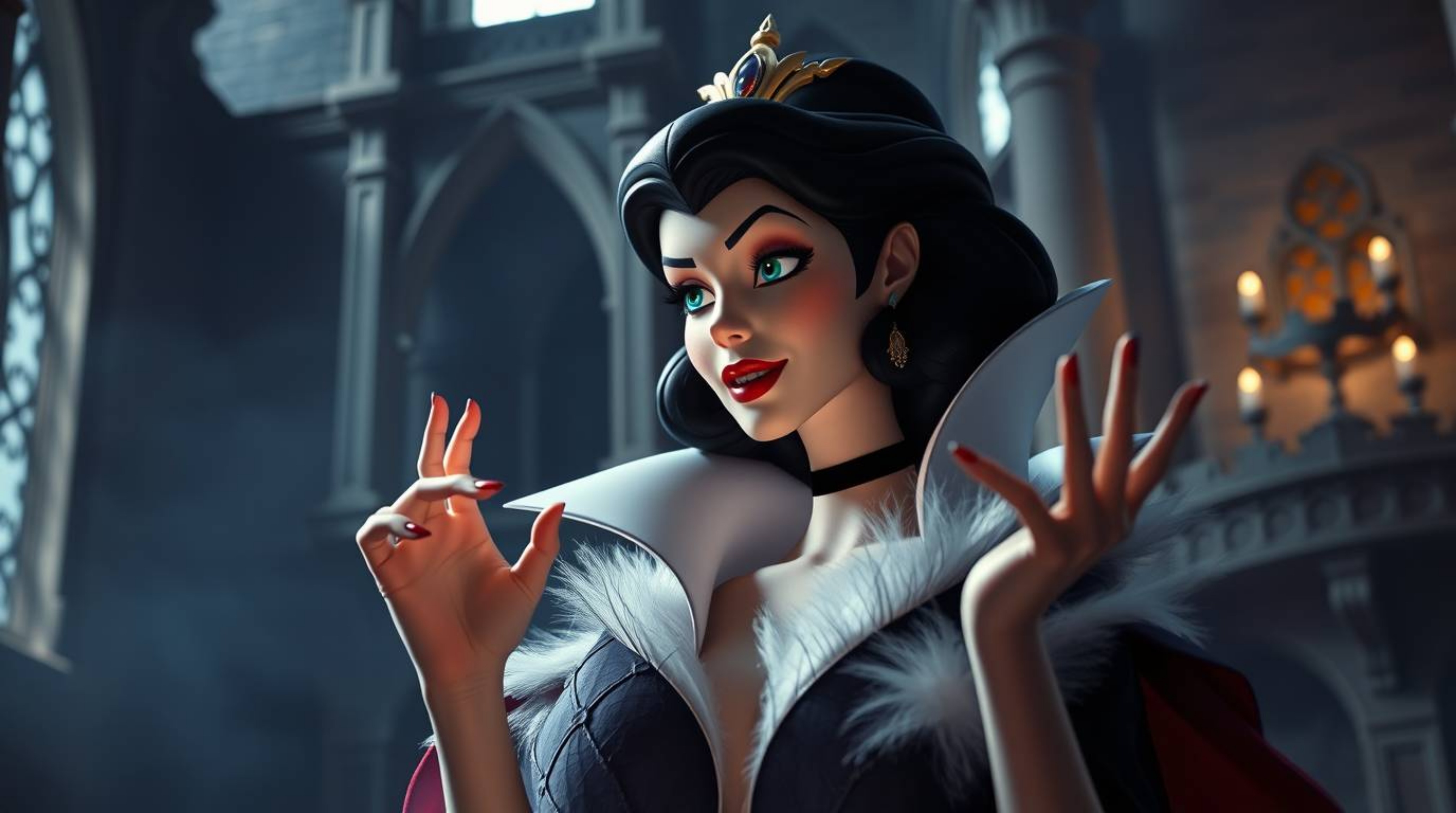 A graceful and elegant classic Disney villain with refined features is captured casting a spell within the aged walls of an o