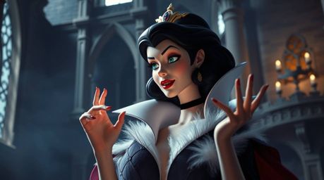 A graceful and elegant classic Disney villain with refined features is captured casting a spell within the aged walls of an o