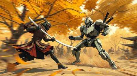 Witness a dynamic motion illustration depicting an epic battle between a samurai and a robot in a warm, autumnal dystopian wo