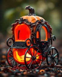 A mesmerizing scene depicting a magical pumpkin undergoing a fantastical transformation into an elegant carriage. The subject
