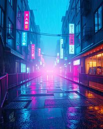 Immerse yourself in a mesmerizing pixelated glitch art image depicting a cyberpunk street scene.  Bathed in a neon haze and e