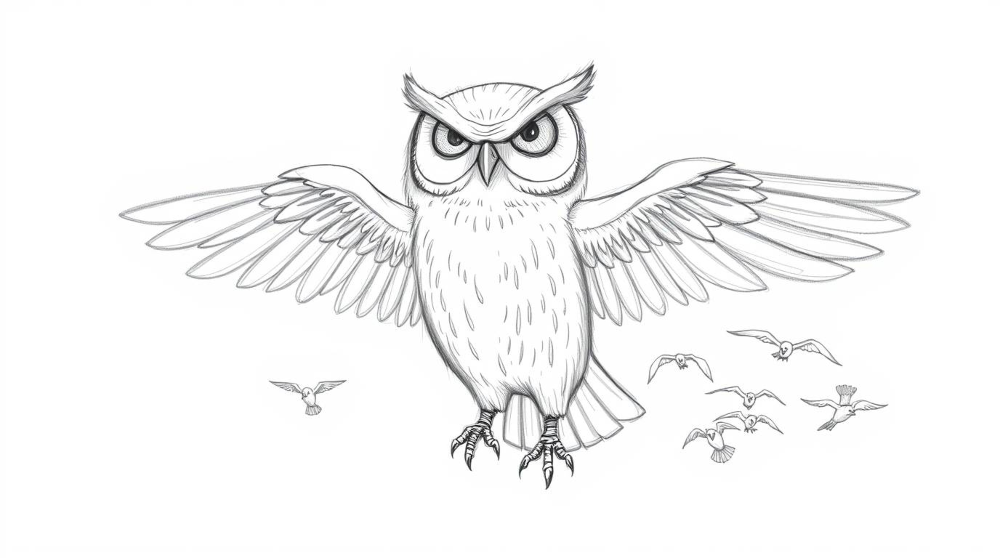 A pencil sketch, rendered in a Pixar-esque style, depicts a blind owl with a serene expression, wings outstretched as it guid