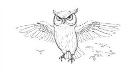 A pencil sketch, rendered in a Pixar-esque style, depicts a blind owl with a serene expression, wings outstretched as it guid