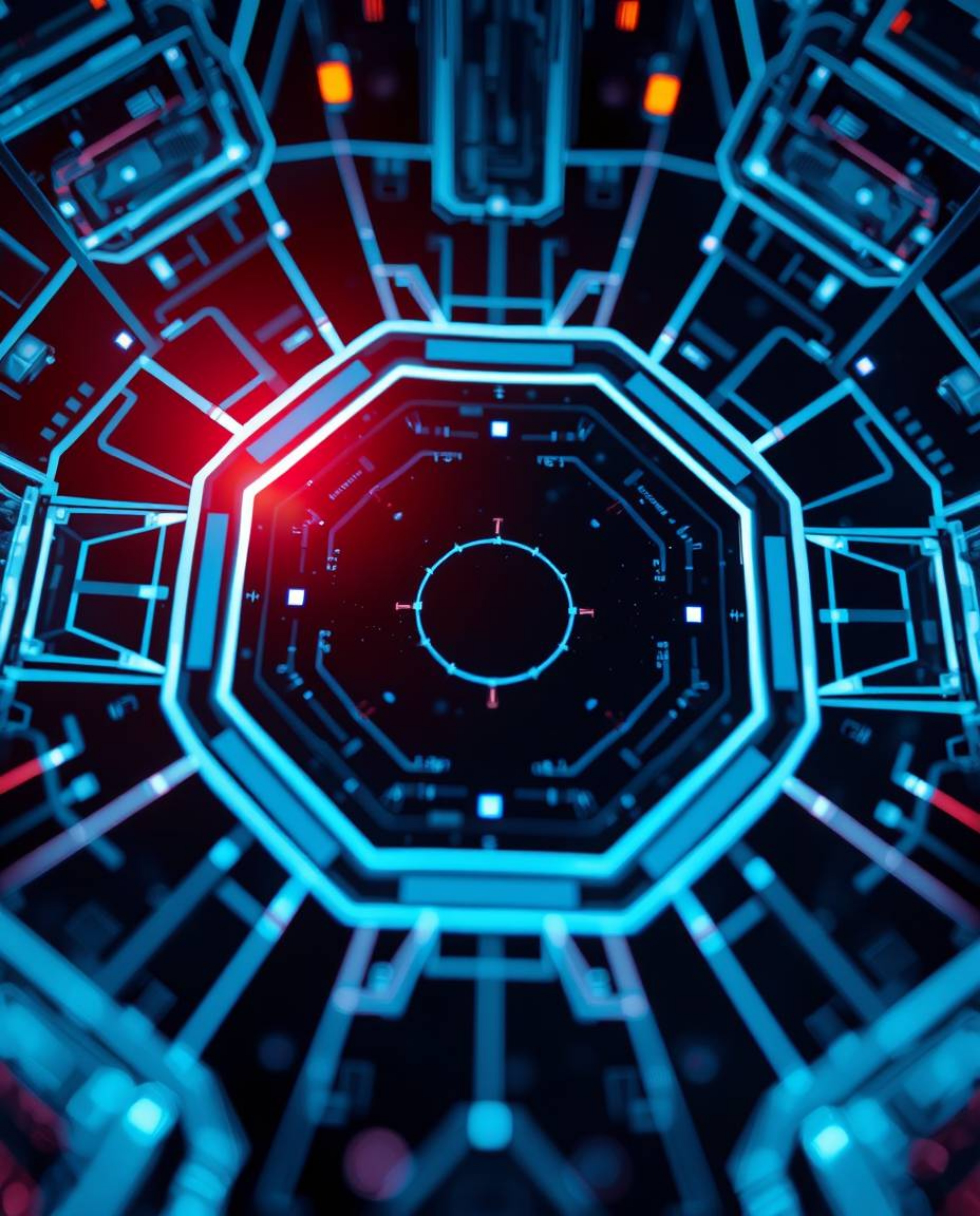 This high-resolution stock photo captures a futuristic digital interface from a striking low-angle perspective.  The image fe
