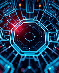 This high-resolution stock photo captures a futuristic digital interface from a striking low-angle perspective.  The image fe