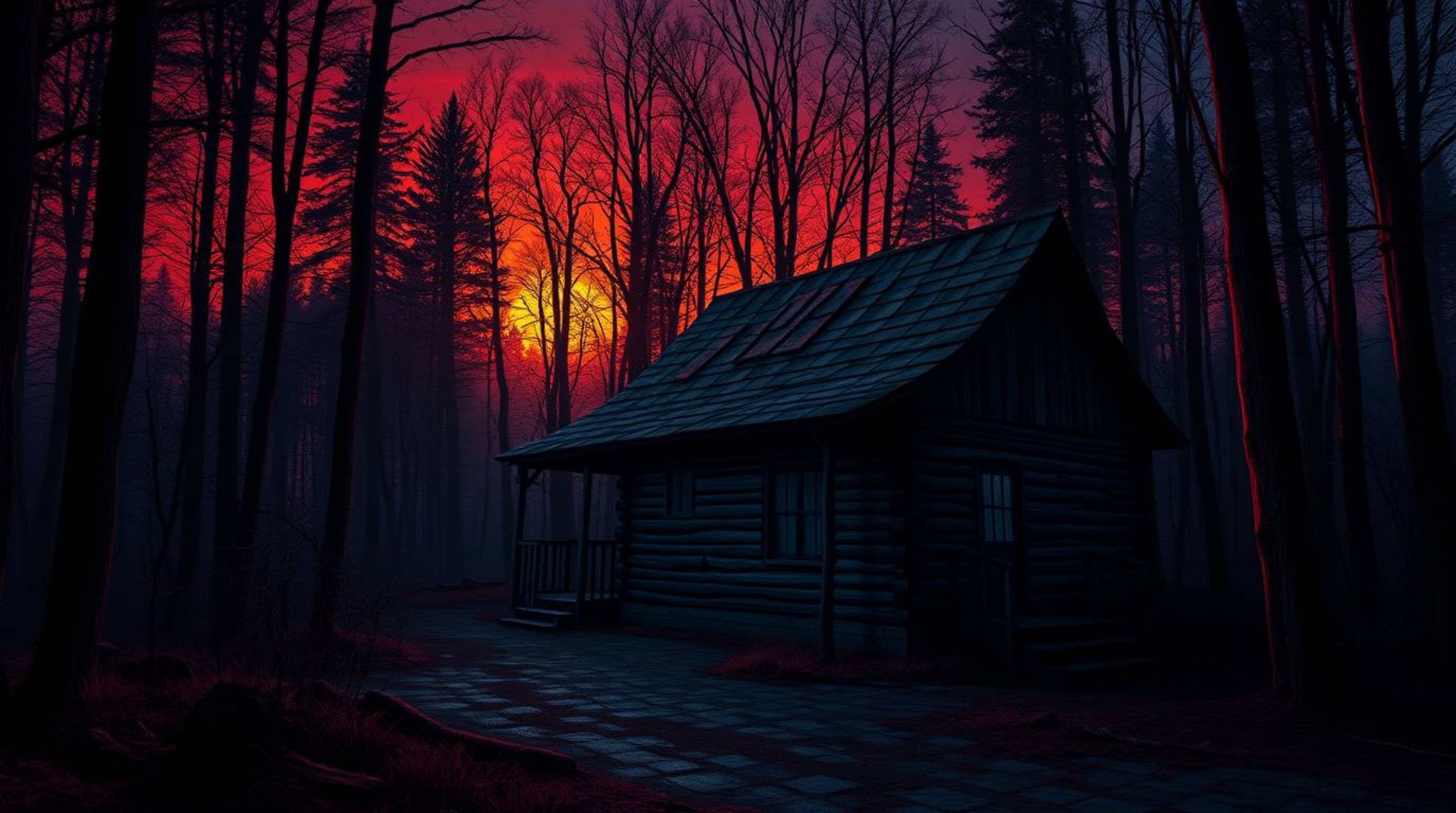 A digital painting capturing an old wooden cabin deep within a forest during sunset, rendered in rich burgundy and deep blue 