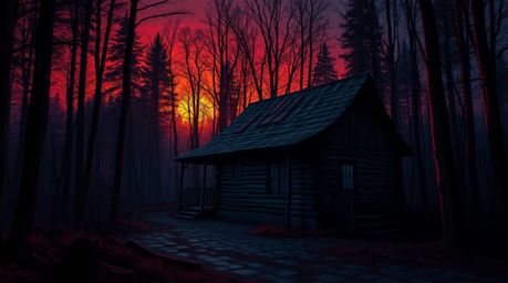 A digital painting capturing an old wooden cabin deep within a forest during sunset, rendered in rich burgundy and deep blue 