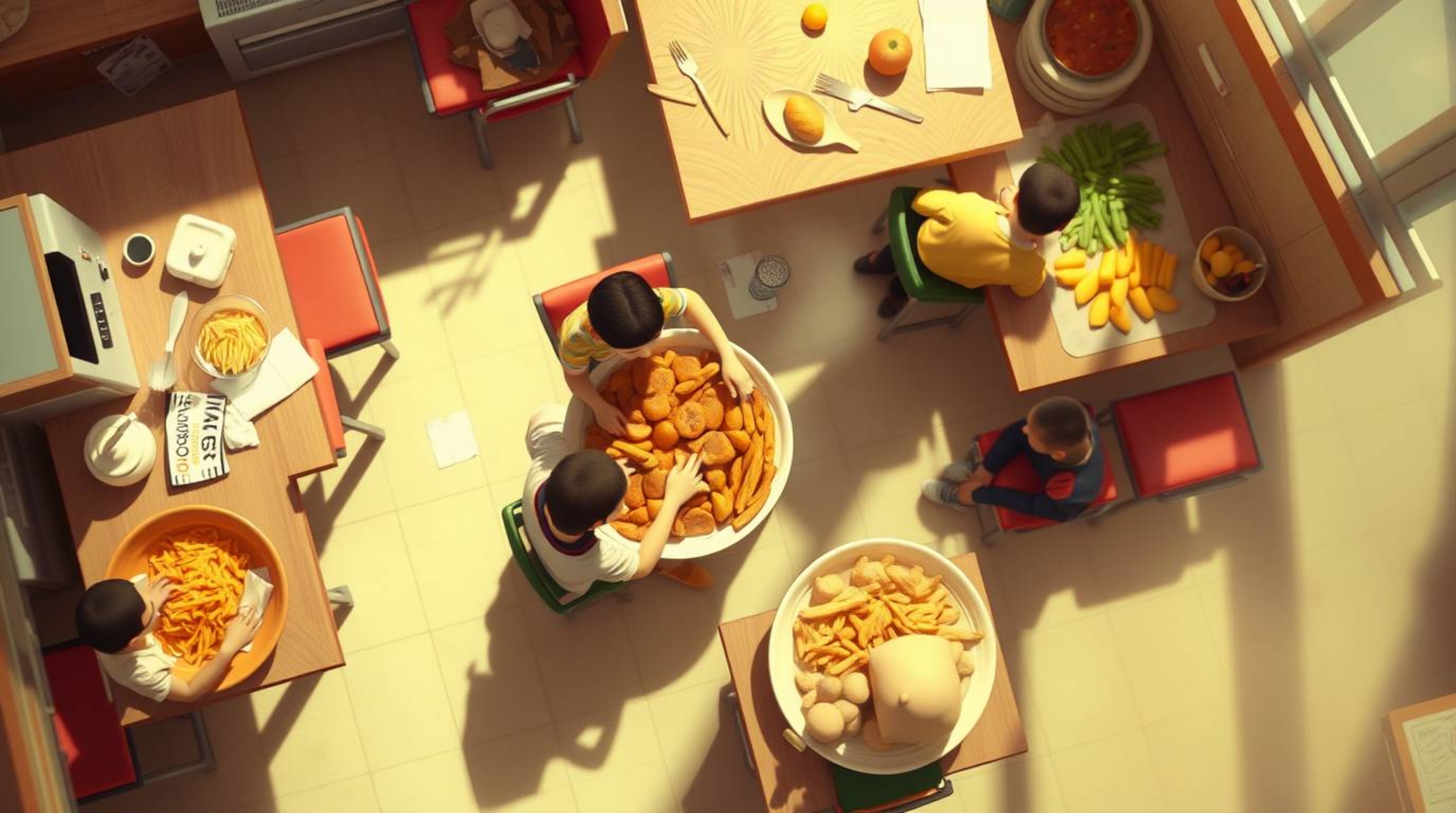 A whimsical overhead shot captures a chaotic cartoon cafeteria food fight.  Soft focus and a hazy background create a dreamy,