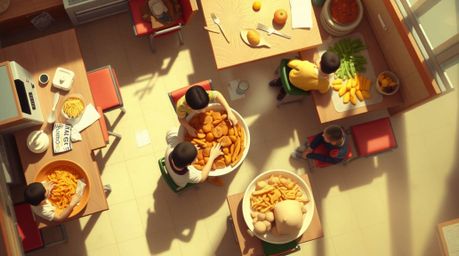 A whimsical overhead shot captures a chaotic cartoon cafeteria food fight.  Soft focus and a hazy background create a dreamy,