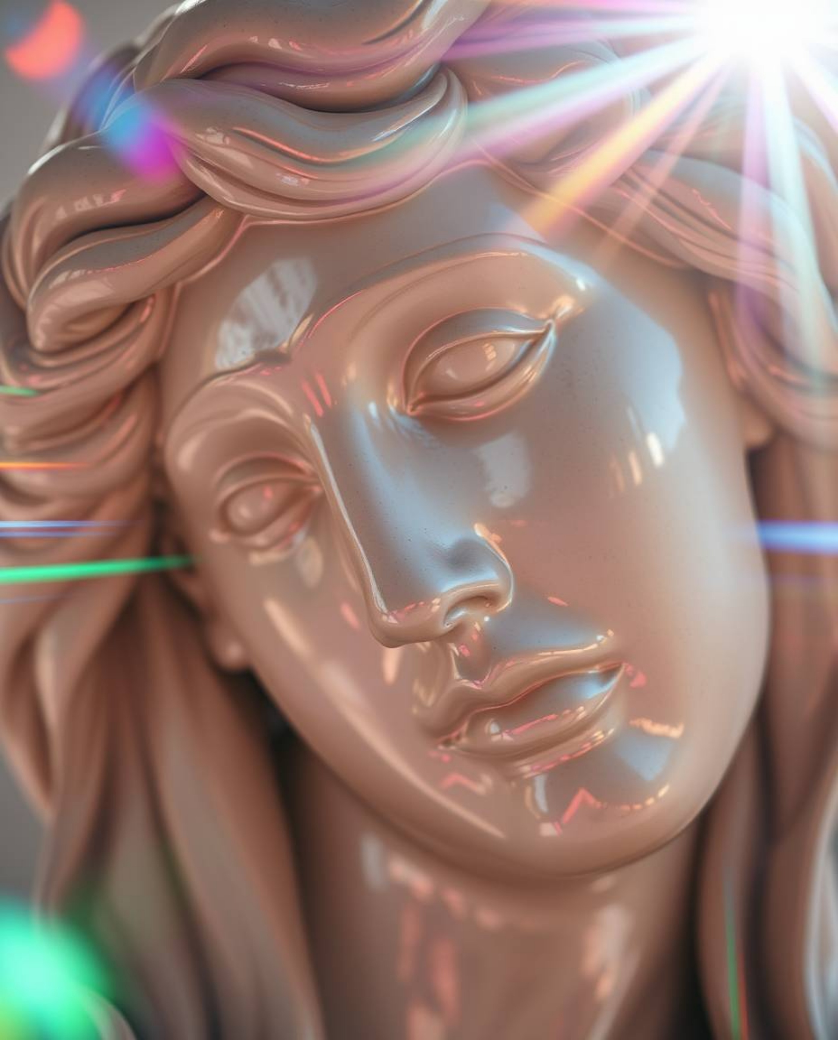A close-up showcases a classical sculpture dramatically altered by a colorful glitch effect. Iridescent reflections and vibra