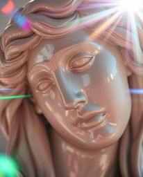 A close-up showcases a classical sculpture dramatically altered by a colorful glitch effect. Iridescent reflections and vibra