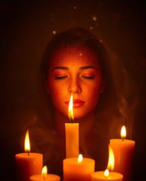 Warm candlelight evokes an ethereal and spiritual atmosphere as a digital glitch transforms a human face into a flowing data 