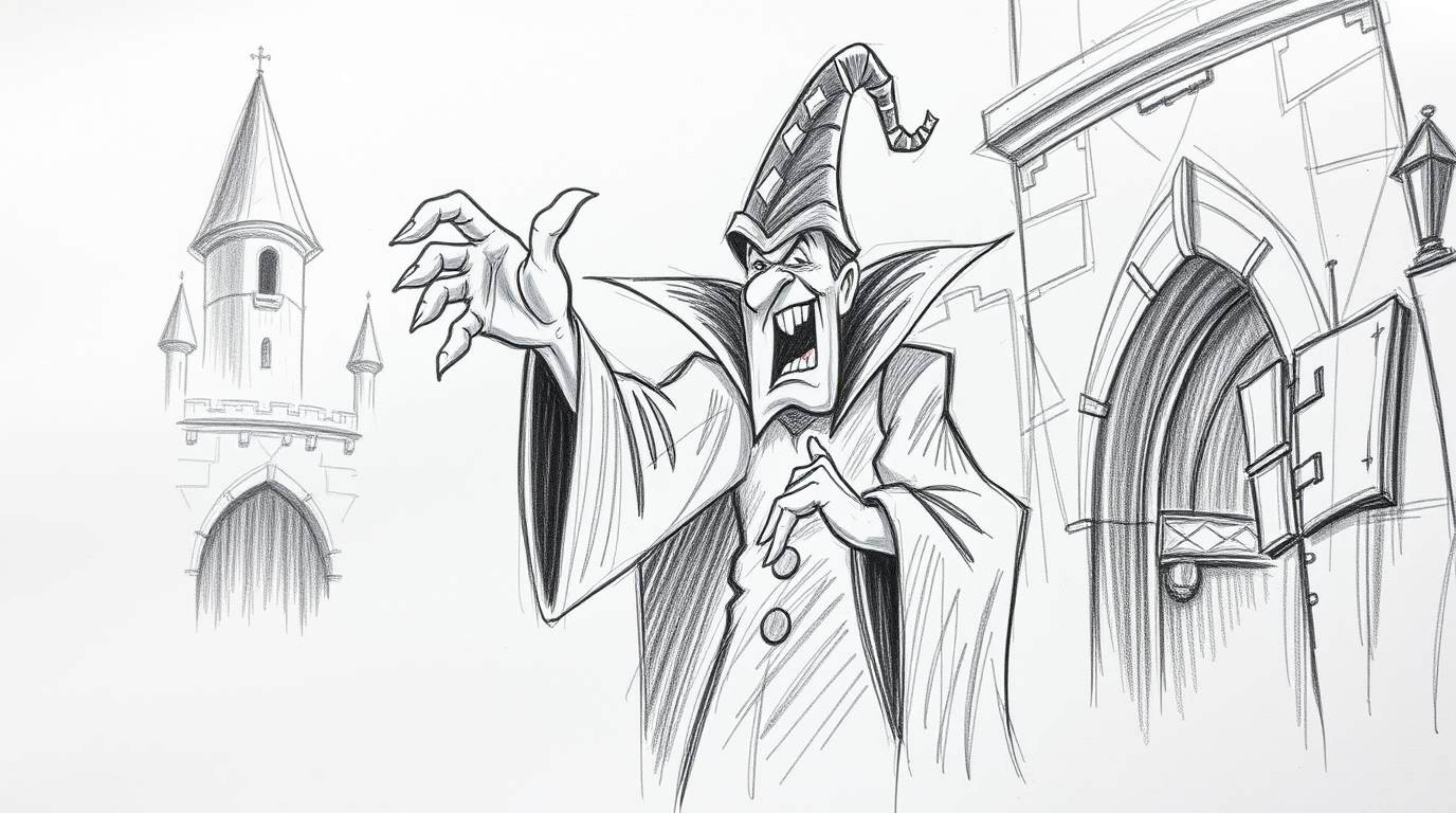 A captivating hand-drawn sketch depicts a classic Disney villain casting a spell within a crumbling old castle.  Rendered in 