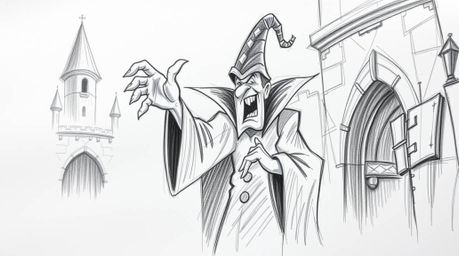 A captivating hand-drawn sketch depicts a classic Disney villain casting a spell within a crumbling old castle.  Rendered in 