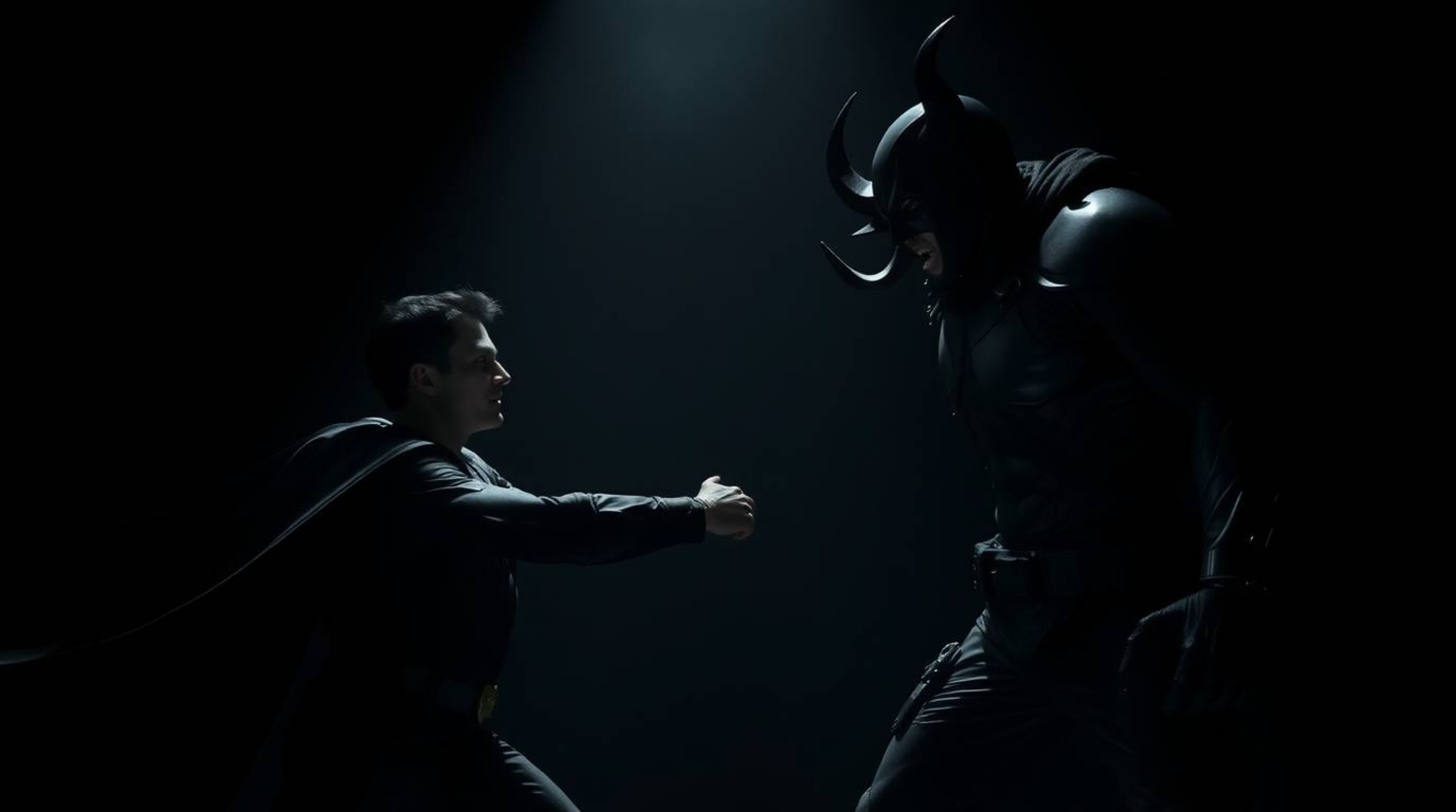 A dramatic superhero showdown unfolds in a scene bathed in intense chiaroscuro lighting.  The stark contrast between jet blac