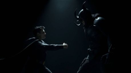 A dramatic superhero showdown unfolds in a scene bathed in intense chiaroscuro lighting.  The stark contrast between jet blac