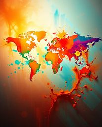 Explore a visually stunning, epic modern future scene showcasing a world map ingeniously constructed from vibrant, colorful s